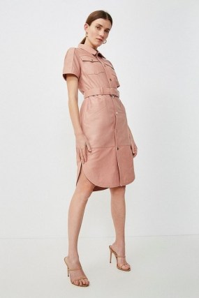 KAREN MILLEN Leather Perforated Belted Shirt Dress Blush / luxe curved hem dresses - flipped