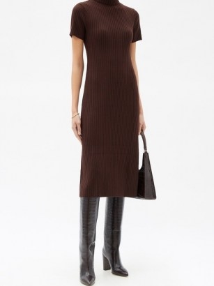 STAUD Lilou roll-neck ribbed wool-blend sweater dress | chocolate brown knitted dresses - flipped
