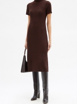 STAUD Lilou roll-neck ribbed wool-blend sweater dress | chocolate brown knitted dresses