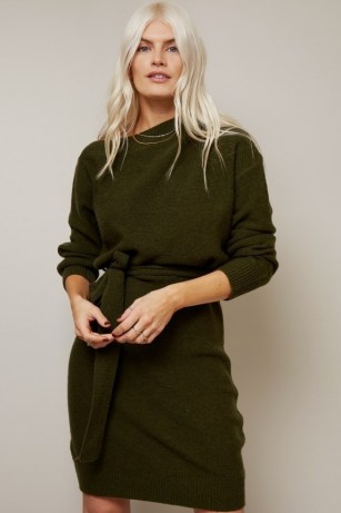 MIKA KHAKI SLASH-NECK KNIT DRESS ~ green knitted dresses - flipped