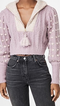 LOVESHACKFANCY Jonae Cropped Mock Zip Up Sweater Muscat Grape | textured crop jumper - flipped