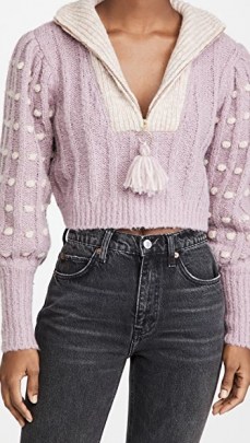 LOVESHACKFANCY Jonae Cropped Mock Zip Up Sweater Muscat Grape | textured crop jumper