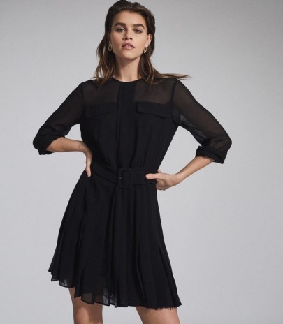 REISS MALLIE LACE TRIM MINI DRESS BLACK ~ LBD ~ BELTED SEMI SHEER OCCASION DRESSES