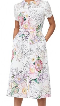 Marchesa Notte Short Sleeve Collared Shirt Dress with Lace Yoke ~ short sleeved floral dresses - flipped