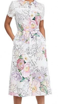 Marchesa Notte Short Sleeve Collared Shirt Dress with Lace Yoke ~ short sleeved floral dresses