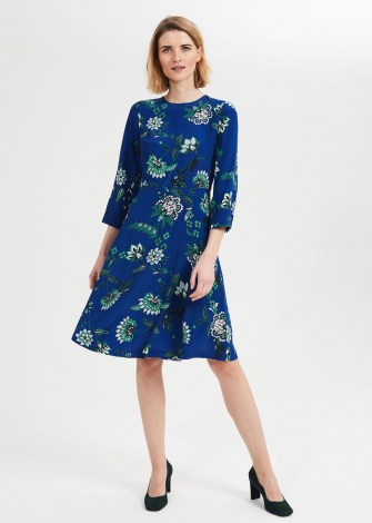 HOBBS MARIETTA FLORAL DRESS ~ blue long sleeve fit and flare dresses - flipped