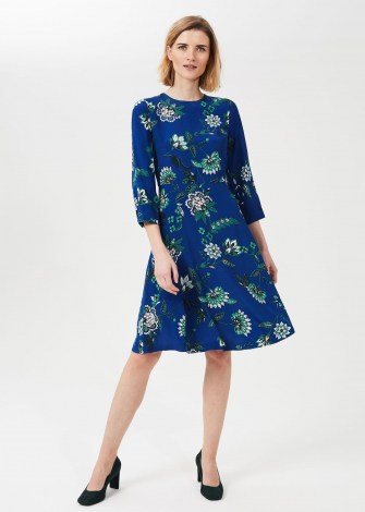 HOBBS MARIETTA FLORAL DRESS ~ blue long sleeve fit and flare dresses
