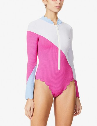 MARYSIA North Sea Rashguard colour-block scallop-trimmed swimsuit / colour block scalloped edge swimsuits