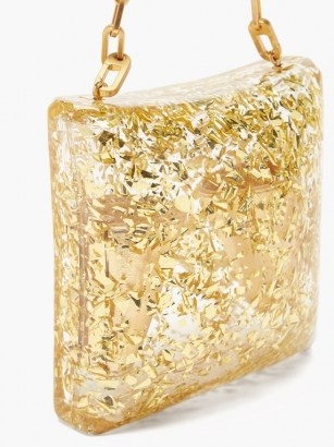 BOTTEGA VENETA Metallic-leaf plexiglass chain-strap clutch | small luxe evening bags - flipped