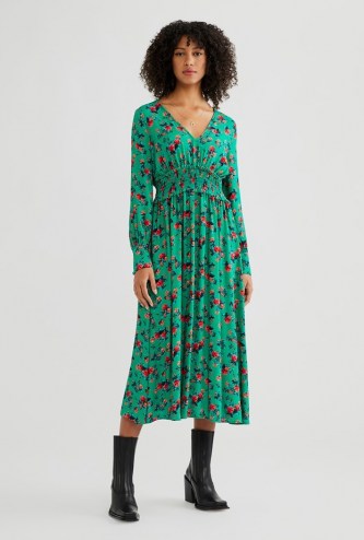 GHOST SUKI DRESS Misty Rose ~ green floral shirred-waist dresses - flipped