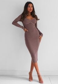 MISSGUIDED mocha rib knit bust sweetheart midaxi dress ~ fitted going out fashion