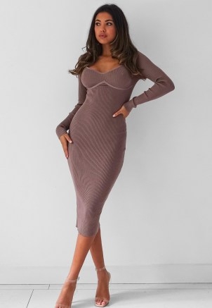 MISSGUIDED mocha rib knit bust sweetheart midaxi dress ~ fitted going out fashion - flipped