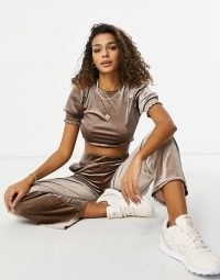 Moda Minx velour cropped puff sleeve top and jogger in mocha ~ crop top and jogging bottoms ~ loungewear sets
