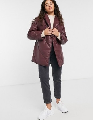 Monki Hilma faux leather padded jacket with belt in dark red - flipped