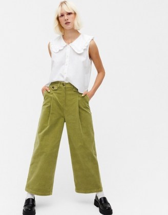 Monki Naomi cotton wide leg cord trousers in green ~ corduroy pants - flipped
