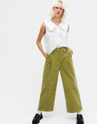 Monki Naomi cotton wide leg cord trousers in green ~ corduroy pants