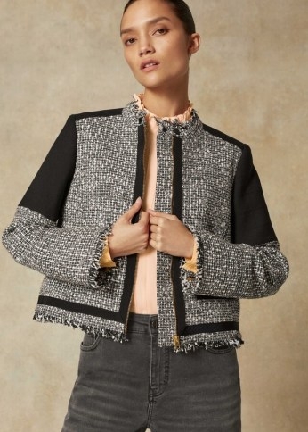 me and em Monochrome Italian Tweed Biker Jacket ~ black and white textured jackets ~ meandem outerwear - flipped