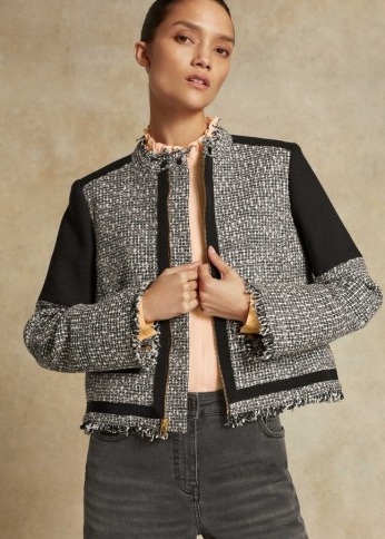 me and em Monochrome Italian Tweed Biker Jacket ~ black and white textured jackets ~ meandem outerwear
