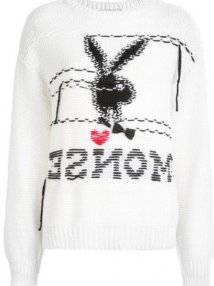 Nicky Hilton Rothchild white bunny jumper, Monse x Playboy embellished merino wool jumper in ivory, out in New York City, 19 January 2021 | celebrity street style USA | knitwear - flipped