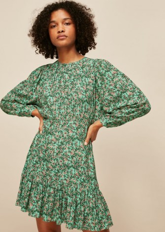 WHISTLES HEATH FLORAL PRINT DRESS ~ green floral ruffle hem dresses