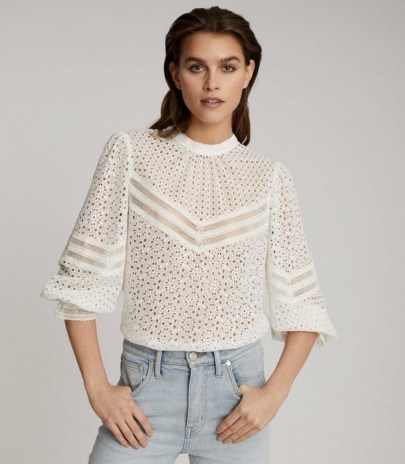 REISS NAINA BRODERIE ANGLAISE TOP WHITE ~ high neck cut out blouse