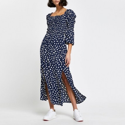 River Island Navy shirred puff sleeve maxi dress | front slit dresses - flipped