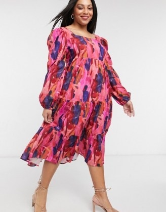Never Fully Dressed Plus puff sleeve tiered smock dress in deep tone people print | flowing volume dresses | feminine plus size fashion | puffed sleeves - flipped