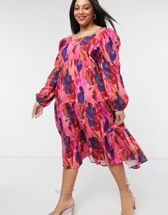 Never Fully Dressed Plus puff sleeve tiered smock dress in deep tone people print | flowing volume dresses | feminine plus size fashion | puffed sleeves