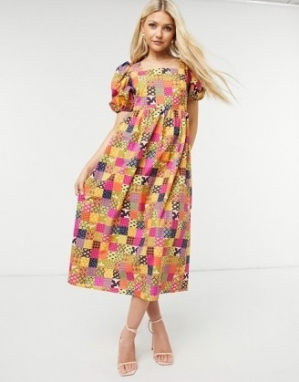 Never Fully Dressed puff sleeve smock midi dress in patchwork print - flipped