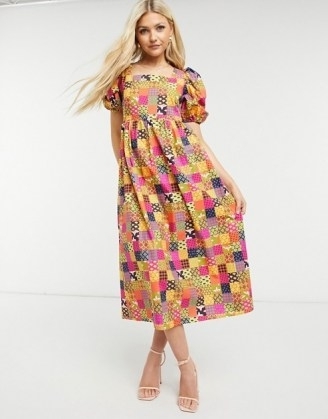 Never Fully Dressed puff sleeve smock midi dress in patchwork print