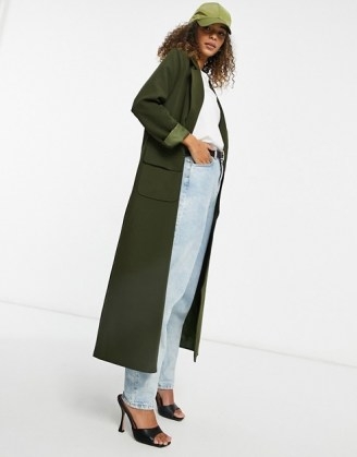 Never Fully Dressed tailored maxi jacket in khaki ~ longline green coats - flipped