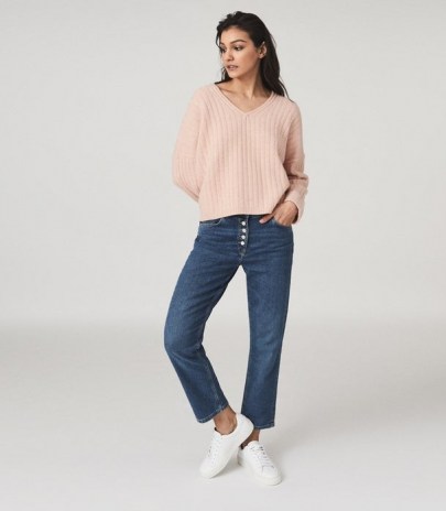 REISS NINA WOOL CASHMERE BLEND V-NECK JUMPER BLUSH ~ casual luxe knitwear ~ pink relaxed jumpers - flipped