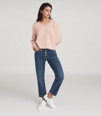 REISS NINA WOOL CASHMERE BLEND V-NECK JUMPER BLUSH ~ casual luxe knitwear ~ pink relaxed jumpers