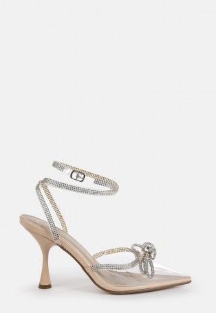 MISSGUIDED nude clear diamante bow court heels ~ embellished strappy courts - flipped