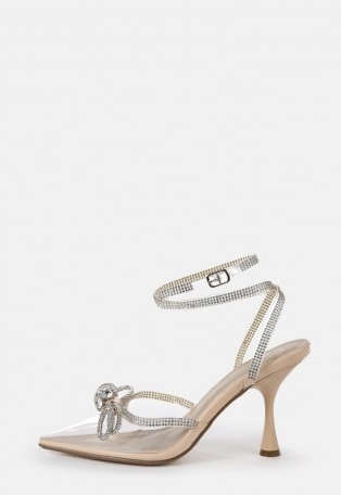 MISSGUIDED nude clear diamante bow court heels ~ embellished strappy courts