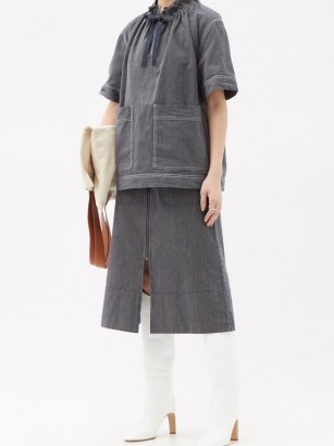 SSŌNE Oak denim A-line skirt | blue striped front zip skirts - flipped