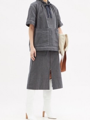 SSŌNE Oak denim A-line skirt | blue striped front zip skirts