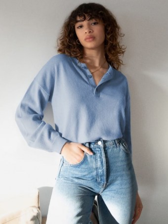 Oversized Cashmere Henley in Parisian Blue - flipped