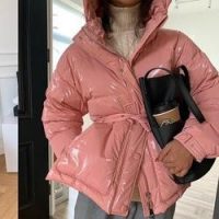 Ultamodan Oversized Waterproof High Shine Puffer Jacket With Belt ~ pink shiny padded jackets