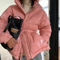 Ultamodan Oversized Waterproof High Shine Puffer Jacket With Belt ~ pink shiny padded jackets - flipped