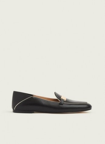 L.K. BENNETT PAOLA BLACK LEATHER CONTRAST PIPING LOAFERS / fold down back loafer / smart slip on shoes - flipped
