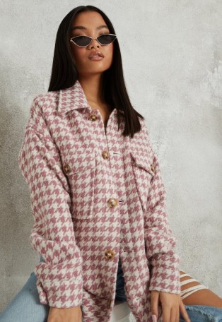 MISSGUIDED petite pink houndstooth brushed back shacket ~ dogtooth shackets - flipped