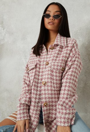 MISSGUIDED petite pink houndstooth brushed back shacket ~ dogtooth shackets