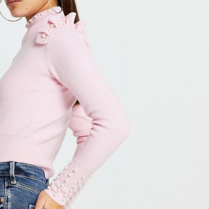 RIVER ISLAND Petite pink pearl trim jumper ~ embellished high neck sweater - flipped