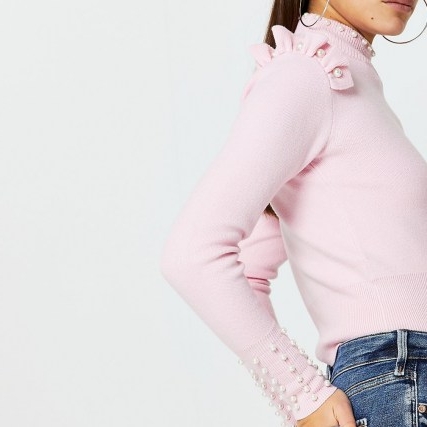 RIVER ISLAND Petite pink pearl trim jumper ~ embellished high neck sweater