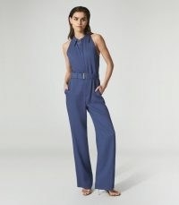 REISS PETRA WIDE LEG JUMPSUIT BLUE ~ sleeveless jumpsuits with collars ~ point collar all-in-one