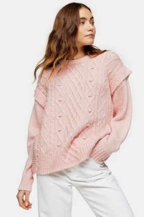 TOPSHOP Pink Cable Crew Frill Knitted Jumper ~ shoulder detail jumpers - flipped