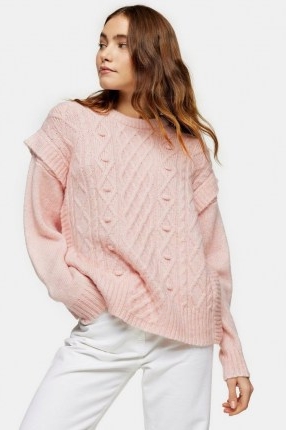 TOPSHOP Pink Cable Crew Frill Knitted Jumper ~ shoulder detail jumpers