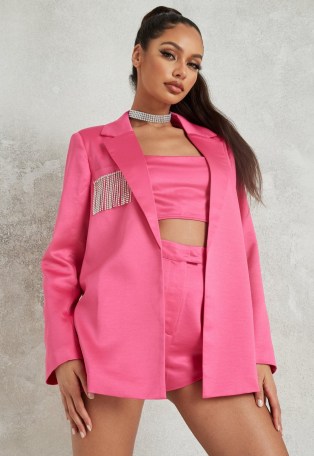MISSGUIDED pink co ord satin diamante pocket blazer ~ embellished blazers - flipped