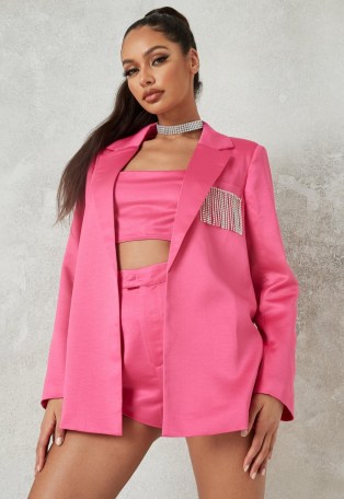 MISSGUIDED pink co ord satin diamante pocket blazer ~ embellished blazers